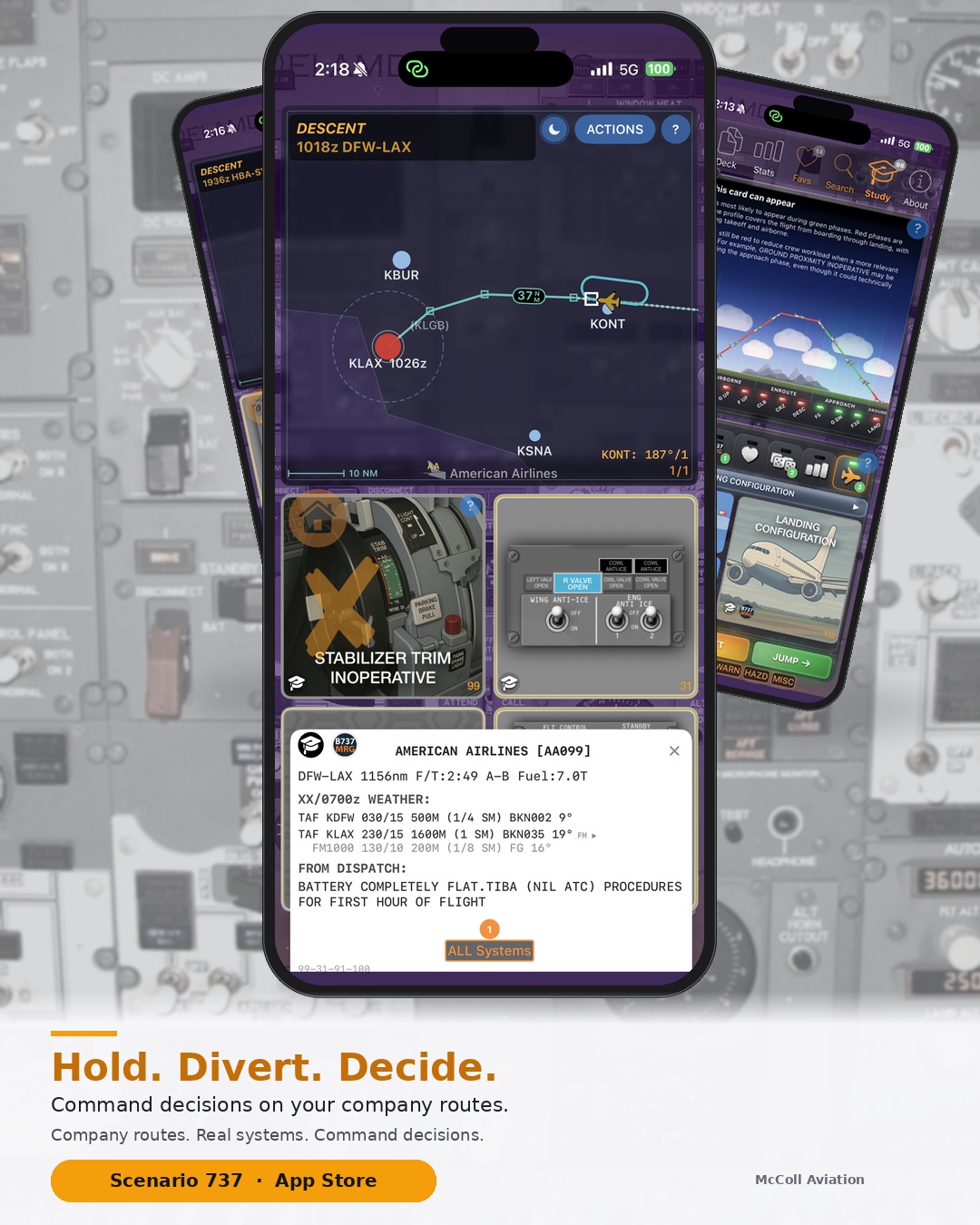 Scenario 737 stack ad — hold, divert, decide on company routes