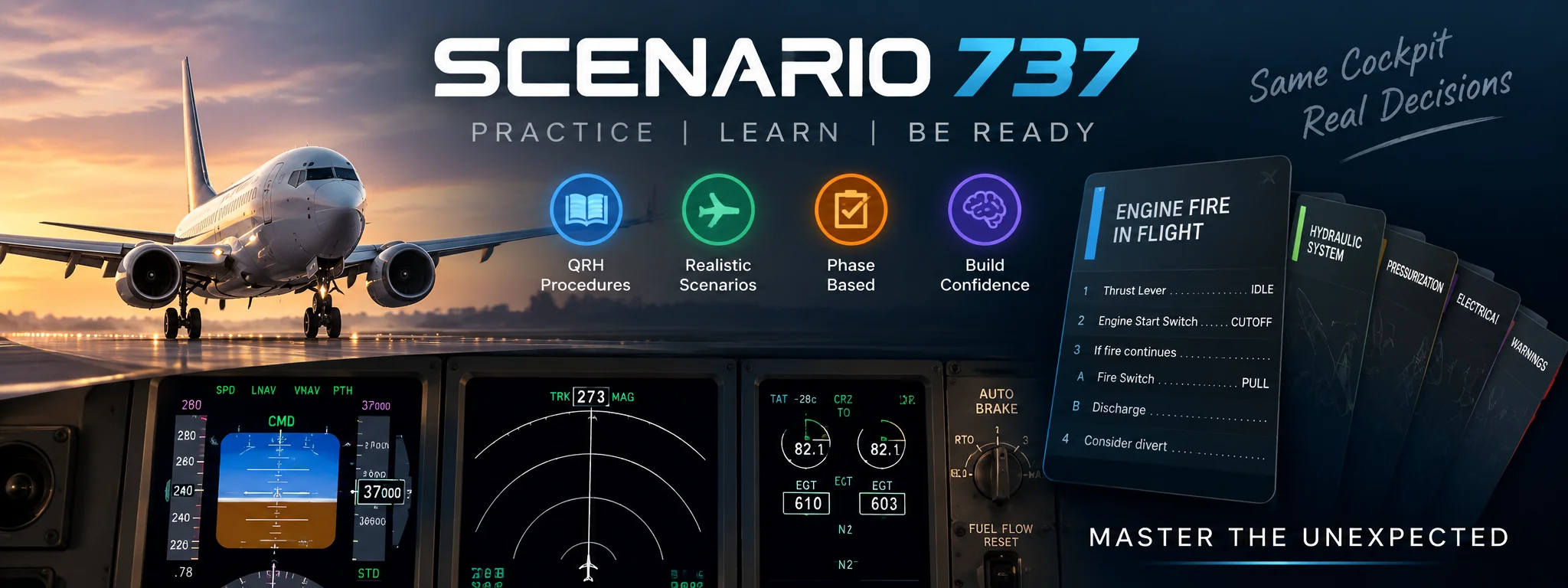 Scenario 737: Practice, Learn, Be Ready. QRH procedures, realistic scenarios, phase based, build confidence. Same cockpit, real decisions. Master the unexpected.