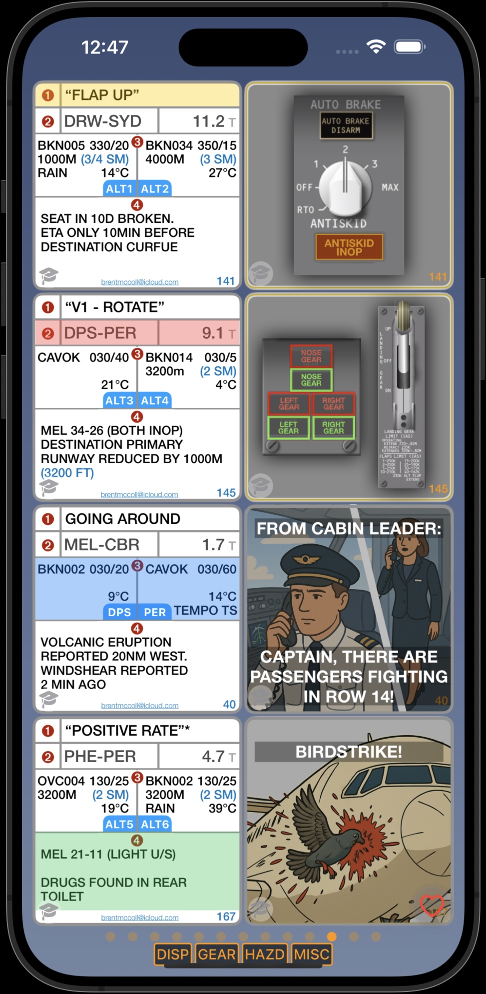Scenario 737 app showing progress dashboard with performance analytics
