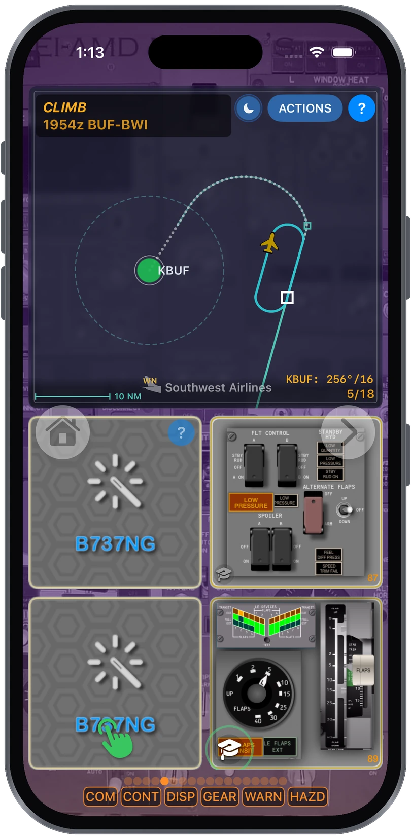 Scenario 737 map view in the climb on a Southwest Airlines BUF to BWI scenario, with flight control and flaps system cards below