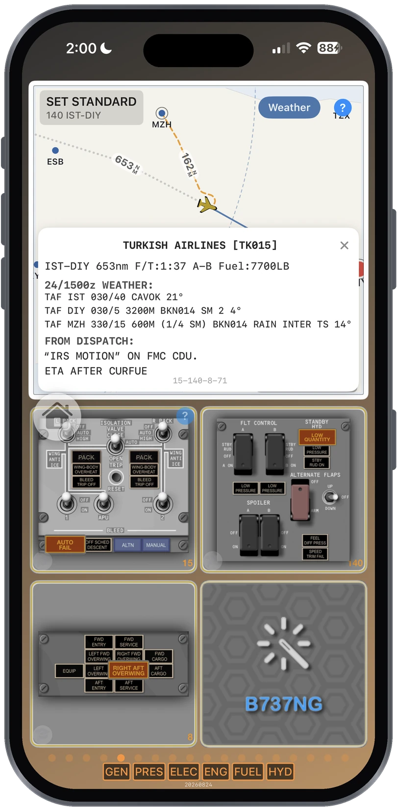 Scenario 737 map with weather panel open on a Turkish Airlines IST to DIY divert