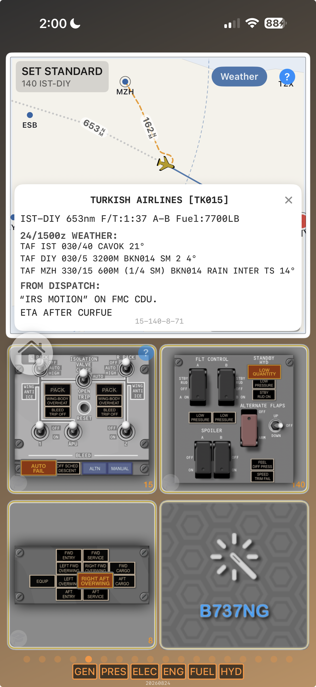Scenario 737 map with weather panel open on a Turkish Airlines IST to DIY divert