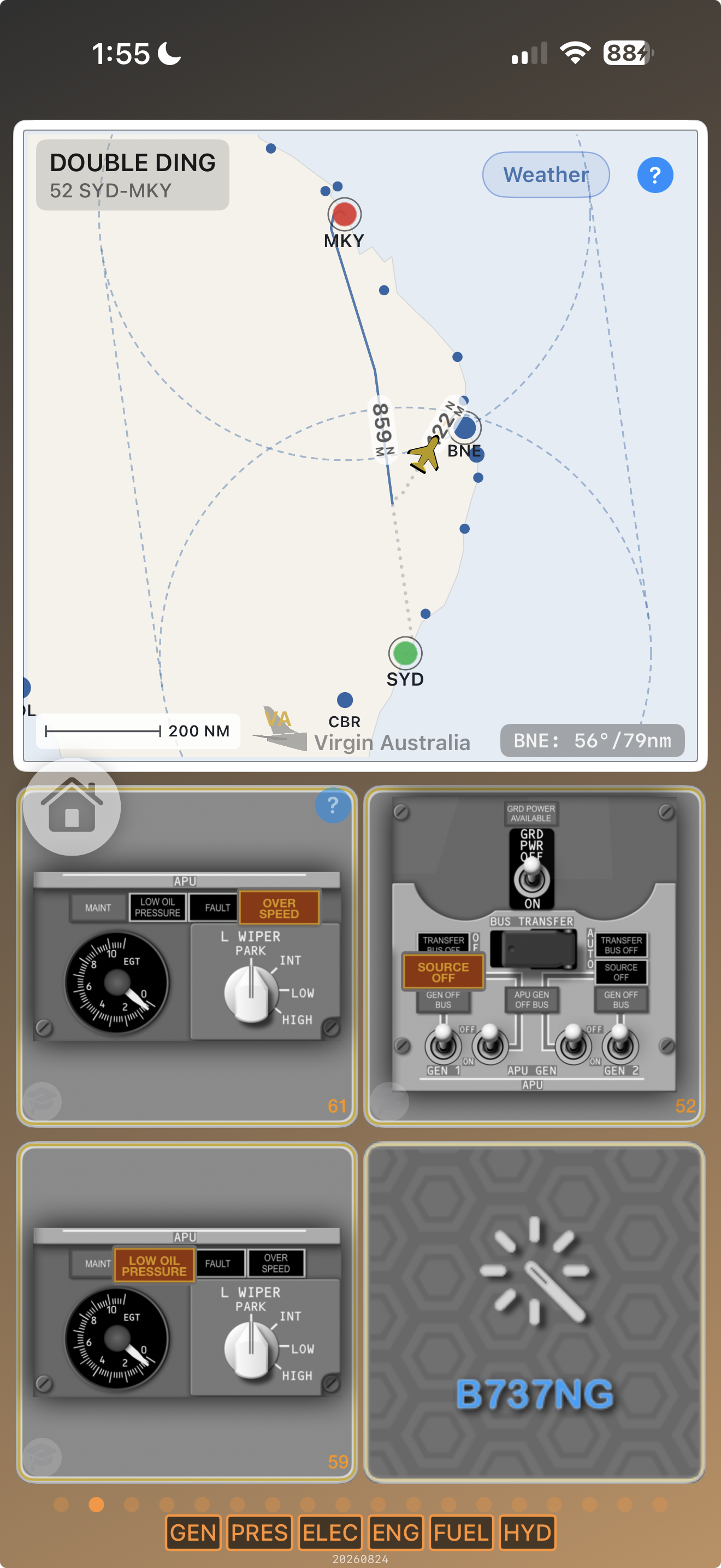 Scenario 737 map view on a Virgin Australia SYD to MKY scenario