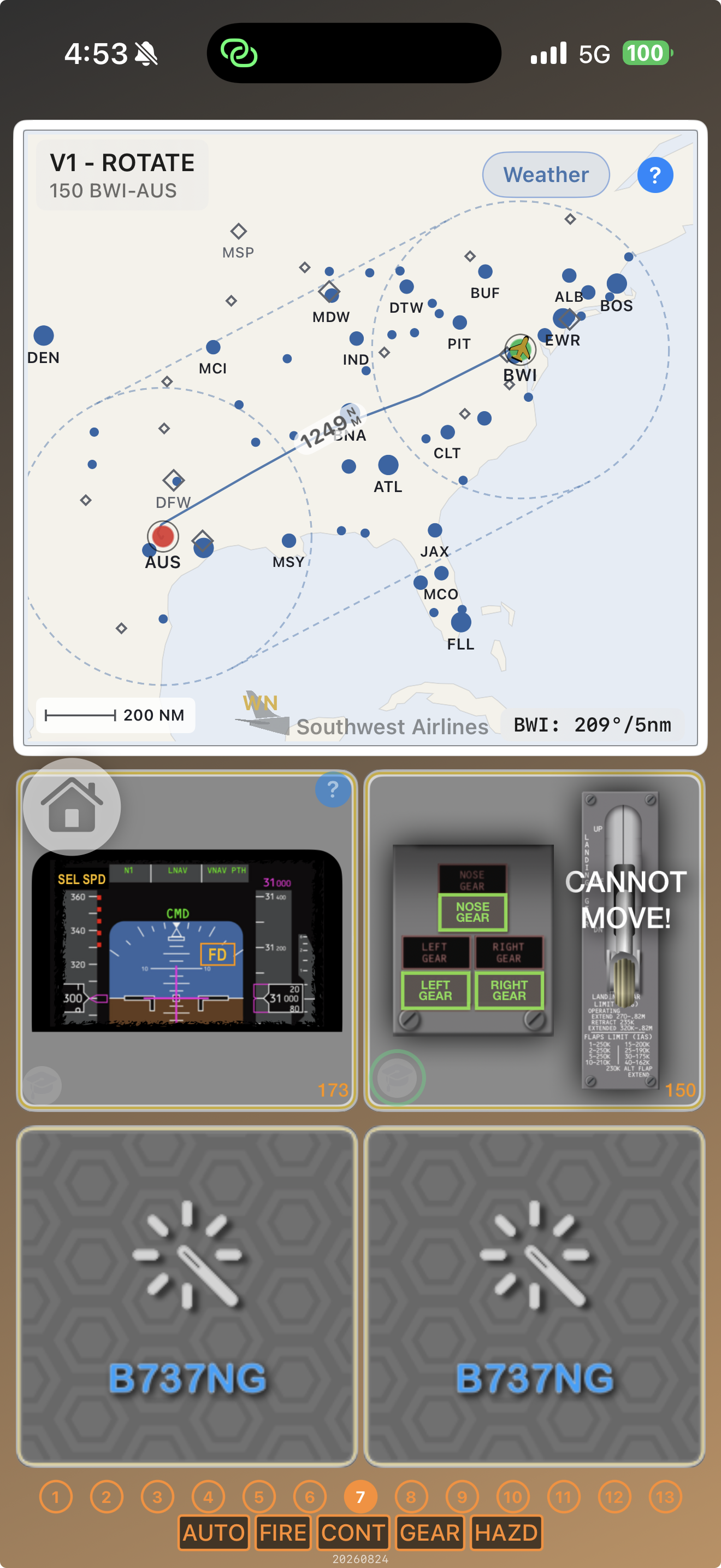 Scenario 737 map view on a Southwest BWI to AUS scenario
